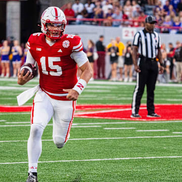 Sep 14, 2024; Lincoln, Nebraska, USA; Nebraska Cornhuskers quarterback Dylan Raiola (15) runs against the Northern Iowa Panthers during the second quarter at Memorial Stadium.