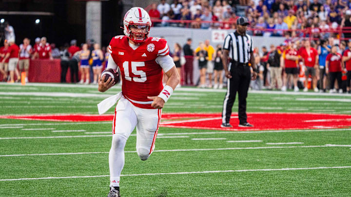 Sep 14, 2024; Lincoln, Nebraska, USA; Nebraska Cornhuskers quarterback Dylan Raiola (15) runs against the Northern Iowa Panthers during the second quarter at Memorial Stadium.