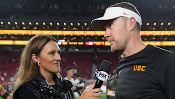 Oct 25, 2024; Los Angeles, California, USA; Southern California Trojans head coach Lincoln Riley is interviewed by FOX reporter Allison Williams after the game against the Rutgers Scarlet Knights at United Airlines Field at Los Angeles Memorial Coliseum. Mandatory Credit: Kirby Lee-Imagn Images