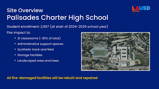Los Angeles Unified School District's rebuilding plan for Palisades Charter High School after the wildfires in January 2025.