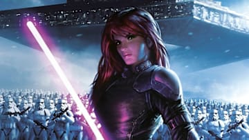 Star Wars Expanded Universe's Mara Jade holding a purple lightsaber in front of a Star Destroyer. Image Credit: StarWars.com