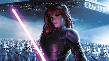Star Wars Expanded Universe's Mara Jade holding a purple lightsaber in front of a Star Destroyer. Image Credit: StarWars.com