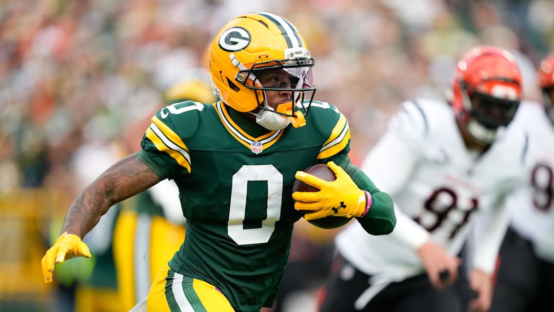Oct 12, 2025; Green Bay, Wisconsin, USA; Green Bay Packers wide receiver Matthew Golden (0) runs with the ball during the first quarter against the Cincinnati Bengals at Lambeau Field. Mandatory Credit: Kayla Wolf-Imagn Images Oct 12, 2025; Green Bay, Wisconsin, USA; Green Bay Packers wide receiver Matthew Golden (0) runs with the ball during the first quarter against the Cincinnati Bengals at Lambeau Field. Mandatory Credit: Kayla Wolf-Imagn Images