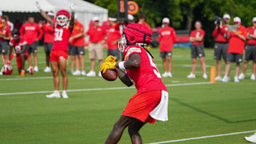 Jul 22, 2024; St. Joseph, MO, USA; Kansas City Chiefs wide receiver Marquise (Hollywood) Brown (5) catches a pass during training camp at Missouri Western State University. Mandatory Credit: Denny Medley-Imagn Images