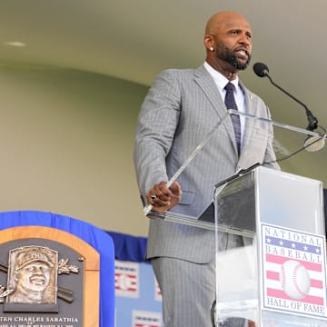 Jul 27, 2025; Cooperstown, NY, USA; Hall of Fame inductee CC Sabathia makes his acceptance speech during the Baseball Hall of Fame Induction Ceremony at the Clark Sports Center. Mandatory Credit: Gregory Fisher-Imagn Images