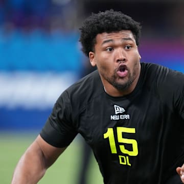 Oregon defensive lineman Derrick Harmon participates in drills during the 2025 NFL Scouting Combine.
