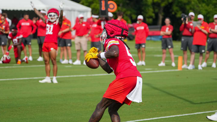 Jul 22, 2024; St. Joseph, MO, USA; Kansas City Chiefs wide receiver Marquise (Hollywood) Brown (5) catches a pass during training camp at Missouri Western State University. Mandatory Credit: Denny Medley-USA TODAY Sports