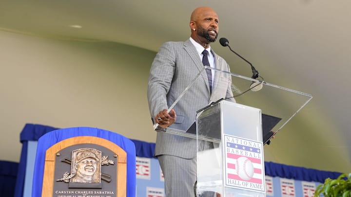 Jul 27, 2025; Cooperstown, NY, USA; Hall of Fame inductee CC Sabathia makes his acceptance speech during the Baseball Hall of Fame Induction Ceremony at the Clark Sports Center. Mandatory Credit: Gregory Fisher-Imagn Images