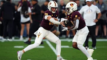 Arizona State Sun Devils quarterback Sam Leavitt (10) returns next season, along with running back Kyson Brown (2).