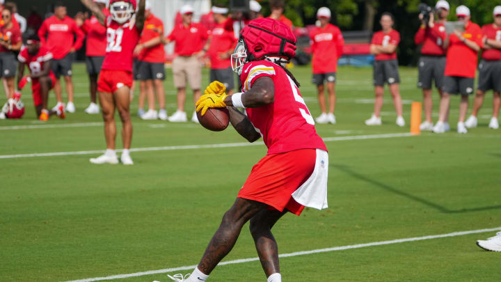 Jul 22, 2024; St. Joseph, MO, USA; Kansas City Chiefs wide receiver Marquise (Hollywood) Brown (5) catches a pass during training camp at Missouri Western State University. Mandatory Credit: Denny Medley-USA TODAY Sports