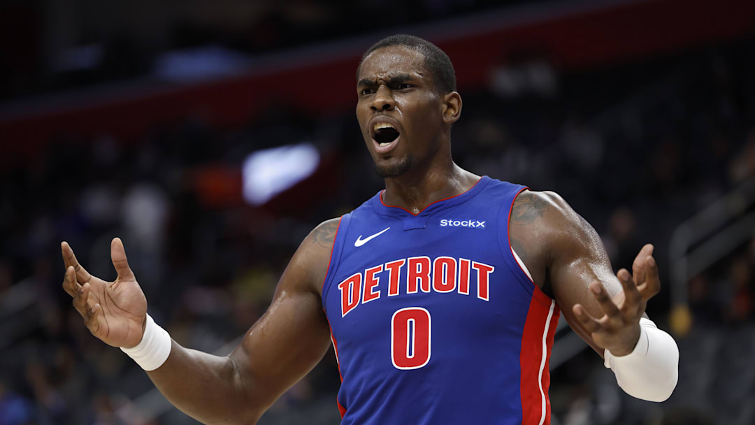 Dec 16, 2024; Detroit, Michigan, USA;  Detroit Pistons center Jalen Duren (0) reacts in the first half against the Miami Heat at Little Caesars Arena. Mandatory Credit: Rick Osentoski-Imagn Images