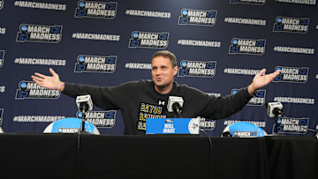 Mar 19, 2025; Providence, RI, USA; McNeese State Cowboys head coach Will Wade answers questions during the first round practice session press conference at Amica Mutual Pavilion. Mandatory Credit: Gregory Fisher-Imagn Images