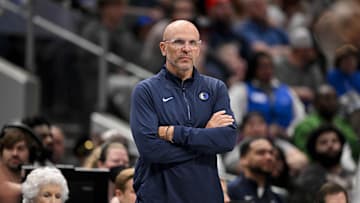Mar 21, 2025; Dallas, Texas, USA; Dallas Mavericks head coach Jason Kidd looks on during the second half against the Detroit Pistons at the American Airlines Center. Mandatory Credit: Jerome Miron-Imagn Images