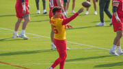 Jul 22, 2024; St. Joseph, MO, USA; Kansas City Chiefs quarterback Patrick Mahomes (15) throws a pass running drills during training camp at Missouri Western State University. Mandatory Credit: Denny Medley-USA TODAY Sports