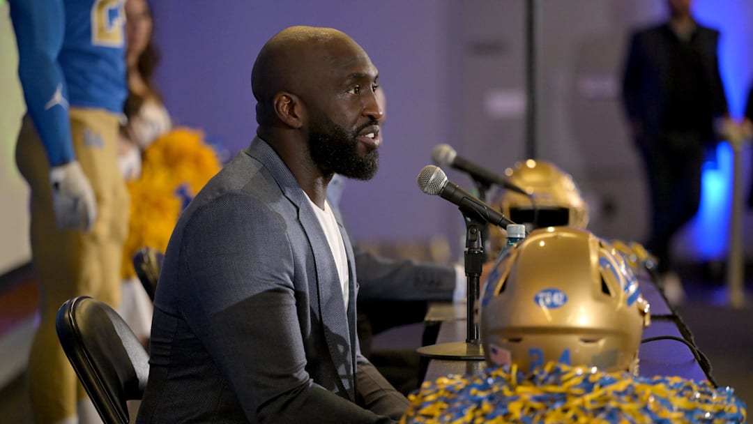 Feb 13, 2024; Los Angeles, CA, USA;  DeShaun Foster answers questions from media after he was introduced as the UCLA Bruins head football coach during a press conference at Pauley Pavilion.  Mandatory Credit: Jayne Kamin-Oncea-Imagn Images