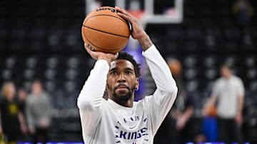 Feb 26, 2025; Salt Lake City, Utah, USA;  Sacramento Kings guard Malik Monk (0) warms up before a game against the Utah Jazz at Delta Center. Mandatory Credit: Jamie Sabau-Imagn Images