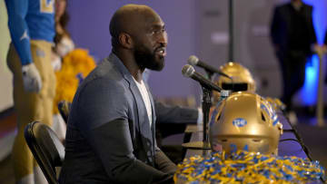 Feb 13, 2024; Los Angeles, CA, USA;  DeShaun Foster answers questions from media after he was introduced as the UCLA Bruins head football coach during a press conference at Pauley Pavilion.  Mandatory Credit: Jayne Kamin-Oncea-USA TODAY Sports