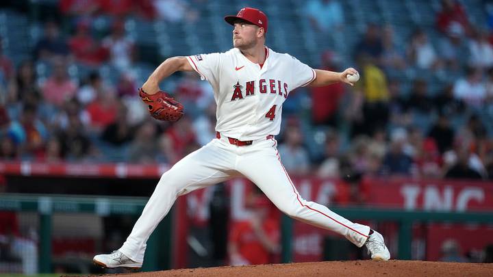 Sep 14, 2026; Anaheim, California, USA; Los Angeles Angels pitcher Reid Detmers (48) throws in the second inning against the Seattle Mariners at Angel Stadium. Mandatory Credit: Kirby Lee-Imagn Images