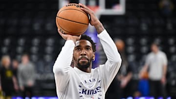 Feb 26, 2025; Salt Lake City, Utah, USA;  Sacramento Kings guard Malik Monk (0) warms up before a game against the Utah Jazz at Delta Center. Mandatory Credit: Jamie Sabau-Imagn Images