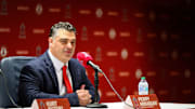 Oct 22, 2025; Los Angeles, CA, USA; Los Angeles Angels general manager Perry Minasian speaks during a press conference at Angel Stadium. Mandatory Credit: William Liang-Imagn Images