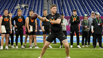Texas quarterback Quinn Ewers during the 2025 NFL Combine at Lucas Oil Stadium