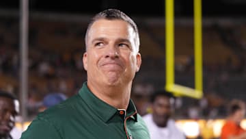 Oct 5, 2024; Berkeley, California, USA; Miami Hurricanes head coach Mario Cristobal after defeating the California Golden Bears at California Memorial Stadium. Mandatory Credit: Darren Yamashita-Imagn Images