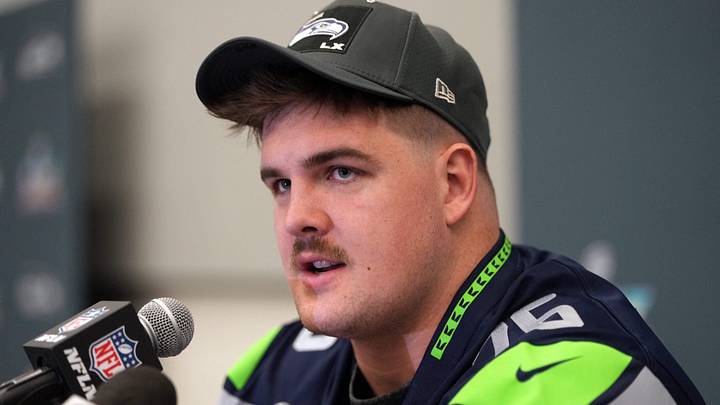 Seattle Seahawks guard Grey Zabel talks to media members at the San Jose Marriott. 