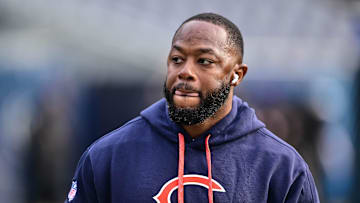 Nov 17, 2024; Chicago, Illinois, USA; Chicago Bears offensive coordinator Thomas Brown looks on before the game against the Green Bay Packers at Soldier Field.