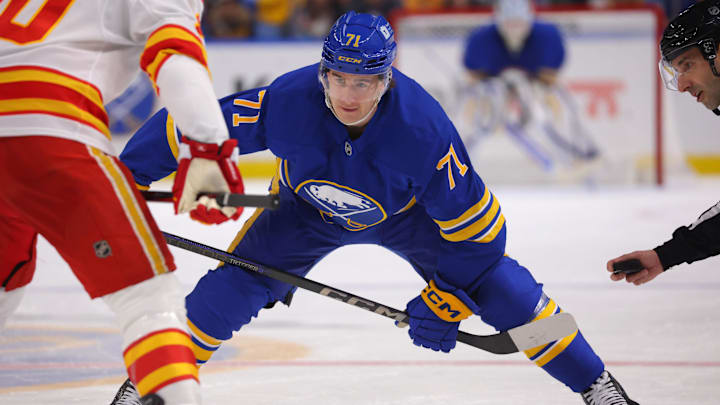 Nov 9, 2024; Buffalo, New York, USA;  Buffalo Sabres center Ryan McLeod (71) waits for the face-off during the second period against the Calgary Flames at KeyBank Center. Mandatory Credit: Timothy T. Ludwig-Imagn Images
