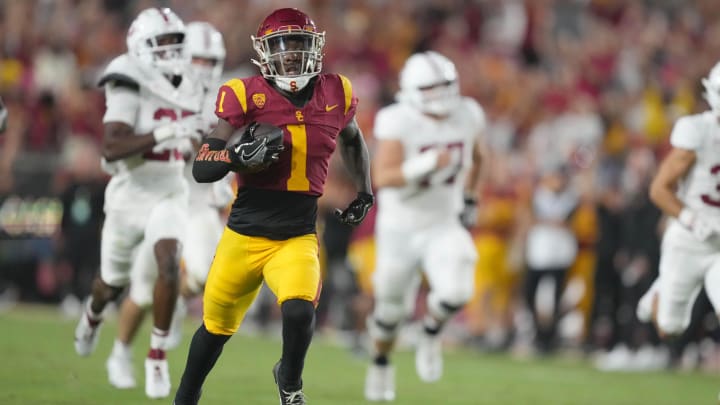 Sep 9, 2023; Los Angeles, California, USA; Southern California Trojans wide receiver Zachariah Branch (1) scores on a 50-yard punt return in the first half at United Airlines Field at Los Angeles Memorial Coliseum. Mandatory Credit: Kirby Lee-USA TODAY Sports