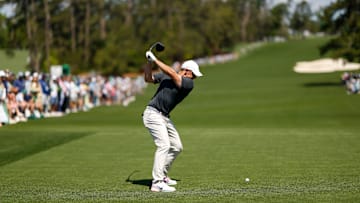 Rory McIlroy tees off during the second round of the 2025 Masters at Augusta National
