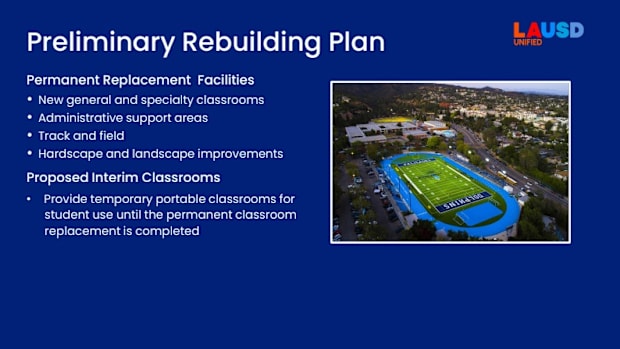 Los Angeles Unified School District's rebuilding plan for Palisades Charter High School after the wildfires in January 2025.