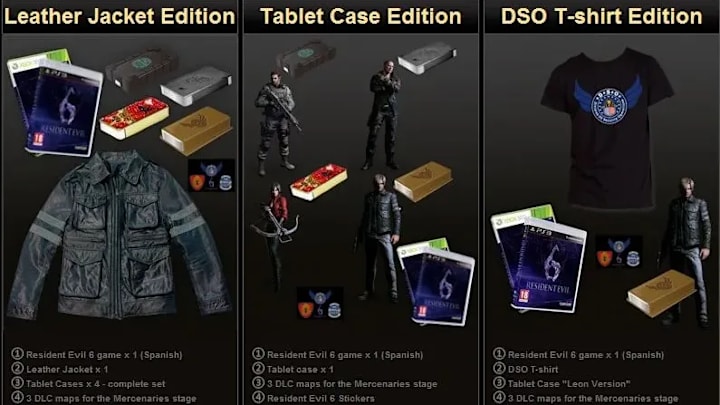 A list  of different editions fofr RE6, the most expensive of which comes with a replica leather jacket.
