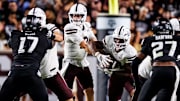 Mississippi State Quarterback Blake Shapen (#2) and Mississippi State Running Back Fluff Bothwell (#24) during the game between the Texas A&M Aggies and the Mississippi State Bulldogs at Kyle Field in College Station, TX.