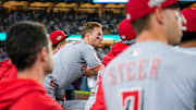 Cincinnati Reds second baseman Matt McLain (9) looks on in the top of the ninth inning of the MLB National League Wild Card Game 2 between the Los Angeles Dodgers and the Cincinnati Reds at Dodger Stadium in Los Angeles on Wednesday, Oct. 1, 2025. The Reds were eliminated from the postseason with an 8-4 loss to the reining World Series Champions La Dodgers.