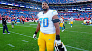 Los Angeles Chargers offensive tackle Rashawn Slater following the win over the Denver Broncos at Empower Field at Mile High.