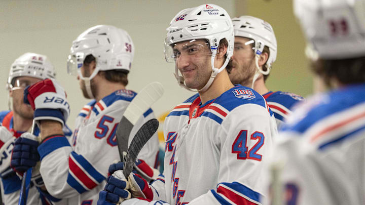 Jan 23, 2026; San Jose, California, USA;  New York Rangers center Noah Laba (42) smiles before the start of warm ups against the San Jose Sharks at SAP Center at San Jose. Mandatory Credit: Stan Szeto-Imagn Images
