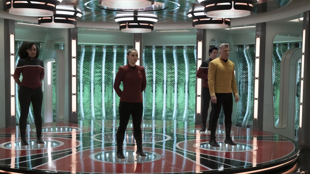 Christina Chong as La'an, Jack Quaid as Boimler, Tawny Newsome as Mariner and Anson Mount as Pike appearing in Star Trek: Strange New Worlds, streaming on Paramount+, 2023. Photo Cr: Michael Gibson/Paramount+