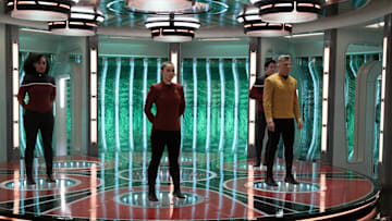 Christina Chong as La'an, Jack Quaid as Boimler, Tawny Newsome as Mariner and Anson Mount as Pike appearing in Star Trek: Strange New Worlds, streaming on Paramount+, 2023. Photo Cr: Michael Gibson/Paramount+