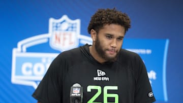 Mar 1, 2025; Indianapolis, IN, USA; Purdue University offensive lineman Marcus Mbow (OL26) answers questions at a press conference during the 2025 NFL Combine at Indiana Convention Center.  