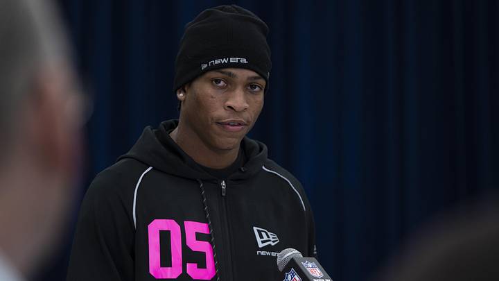Feb 26, 2026; Indianapolis, IN, USA; Washington defensive back Tacario Davis (DB05) speaks to members of the media during the NFL Combine at the Indiana Convention Center. Mandatory Credit: Jacob Musselman-Imagn Images