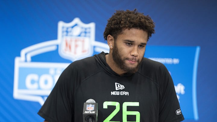 Mar 1, 2025; Indianapolis, IN, USA; Purdue University offensive lineman Marcus Mbow (OL26) answers questions at a press conference during the 2025 NFL Combine at Indiana Convention Center. Mar 1, 2025; Indianapolis, IN, USA; Purdue University offensive lineman Marcus Mbow (OL26) answers questions at a press conference during the 2025 NFL Combine at Indiana Convention Center.
