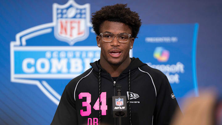 Feb 26, 2026; Indianapolis, IN, USA; Ohio State defensive back Caleb Downs (DB34) speaks to members of the media during the NFL Combine at the Indiana Convention Center. Mandatory Credit: Jacob Musselman-Imagn Images