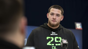 Mar 1, 2025; Indianapolis, IN, USA; West Virginia University offensive lineman Wyatt Milum (OL29) answers questions at a press conference during the 2025 NFL Combine at Indiana Convention Center. Mandatory Credit: Jacob Musselman-Imagn Images