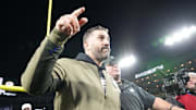 Nov 10, 2025; Green Bay, Wisconsin, USA; Philadelphia Eagles head coach Nick Sirianni leaves the field following a game against the Green Bay Packers at Lambeau Field. Mandatory Credit: Jeff Hanisch-Imagn Images