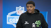 Alabama A&M offensive lineman Carson Vinson (OL45) answers questions at a press conference during the 2025 NFL Combine at Indiana Convention Center.