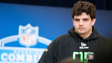 Mar 1, 2025; Indianapolis, IN, USA; Louisiana State University offensive lineman Will Campbell (OL05) answers questions at a press conference during the 2025 NFL Combine at Indiana Convention Center. Mandatory Credit: Jacob Musselman-Imagn Images