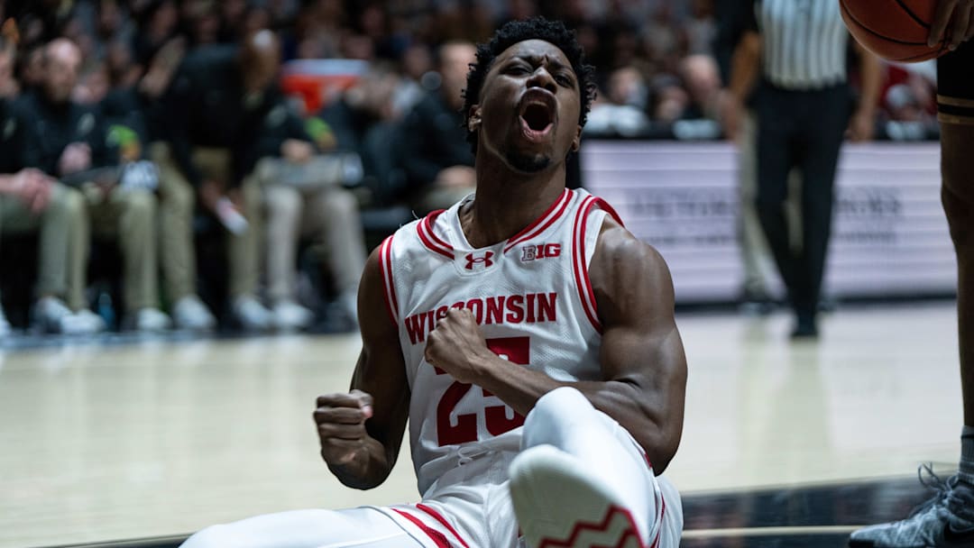 Mar 7, 2026; West Lafayette, Indiana, USA; Wisconsin Badgers guard John Blackwell (25) celebrates making a basket.