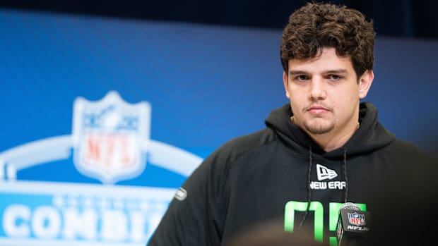 Louisiana State University offensive lineman Will Campbell (OL05) answers questions