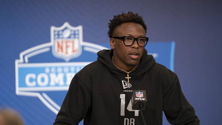 Feb 26, 2026; Indianapolis, IN, USA; Tennessee defensive back Colton Hood (DB14) speaks to members of the media during the NFL Combine at the Indiana Convention Center. Mandatory Credit: Jacob Musselman-Imagn Images